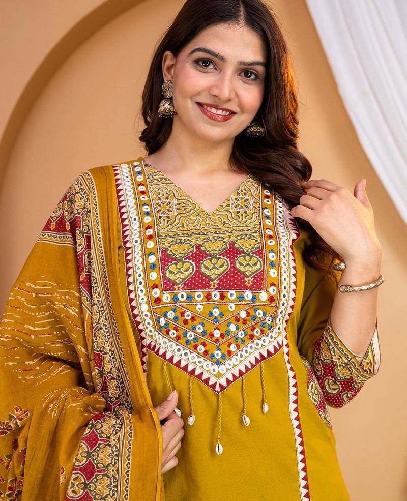 Beautiful jaipuri mustard printed cotton dupatta with a distinct red and mustard ethnic border.