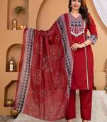 Beautiful jaipuri mehroon printed cotton dupatta with a distinct red and blue ethnic border.