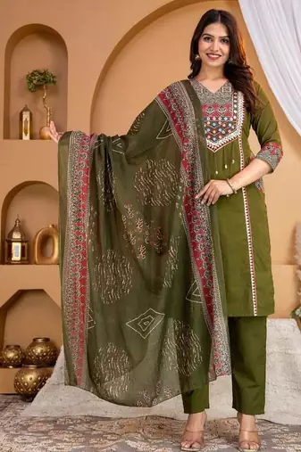 Beautiful jaipuri green printed cotton dupatta with a distinct red and blue ethnic border.