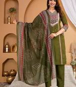 Beautiful jaipuri green printed cotton dupatta with a distinct red and blue ethnic border.