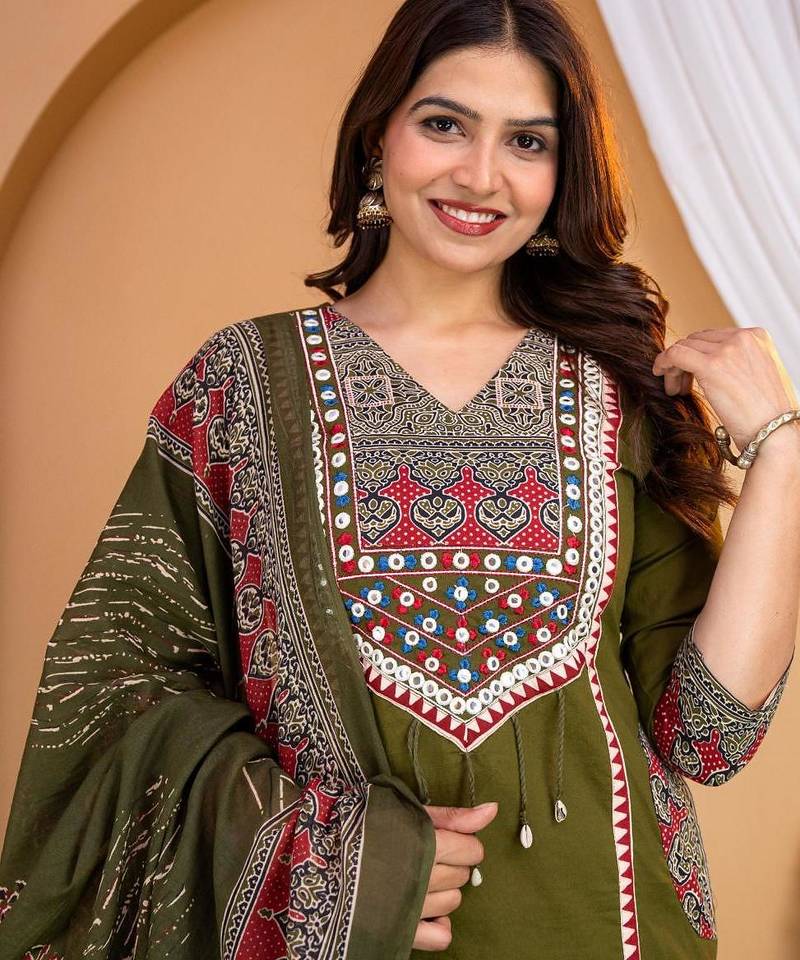 Beautiful jaipuri green printed cotton dupatta with a distinct red and blue ethnic border.