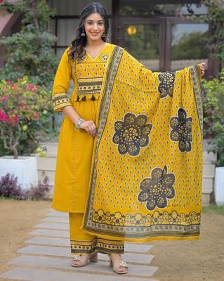 Beautiful jaipuri mustard yellow cotton printed salwar suit set 1