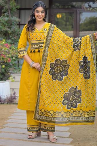 Beautiful jaipuri mustard yellow cotton printed salwar suit set