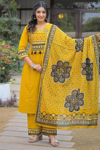 Beautiful jaipuri mustard yellow cotton printed salwar suit set