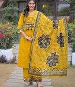 Beautiful jaipuri mustard yellow cotton printed salwar suit set