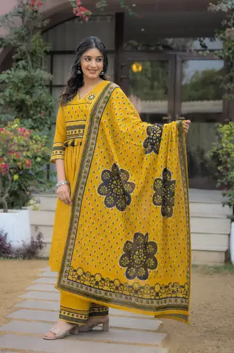 Beautiful jaipuri mustard yellow cotton printed salwar suit set