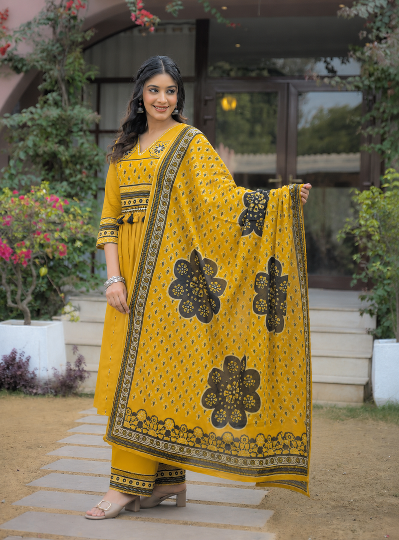 Beautiful jaipuri mustard yellow cotton printed salwar suit set
