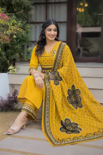 Beautiful jaipuri mustard yellow cotton printed salwar suit set