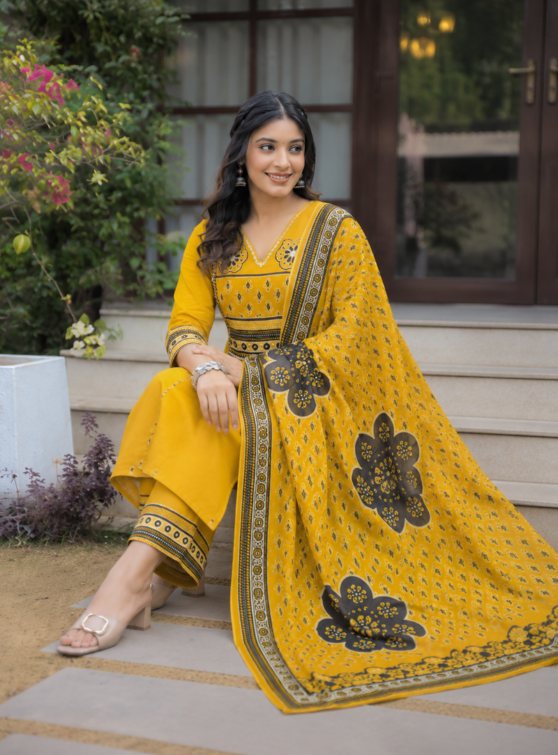 Beautiful jaipuri mustard yellow cotton printed salwar suit set