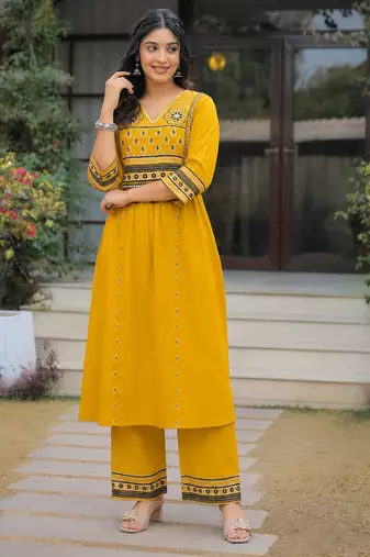 Beautiful jaipuri mustard yellow cotton printed salwar suit set