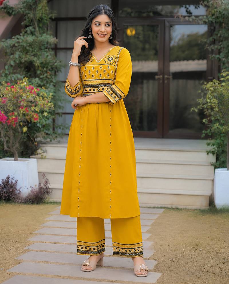 Beautiful jaipuri mustard yellow cotton printed salwar suit set
