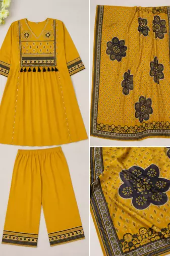 Beautiful jaipuri mustard yellow cotton printed salwar suit set