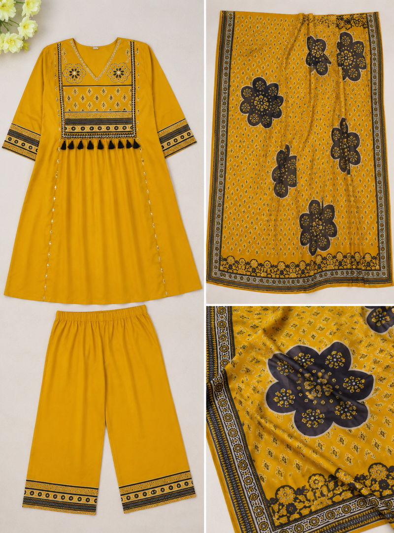 Beautiful jaipuri mustard yellow cotton printed salwar suit set