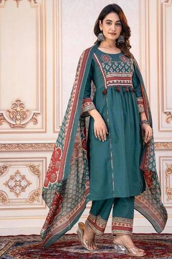 Beautiful jaipuri mustard green cotton printed salwar suit set
