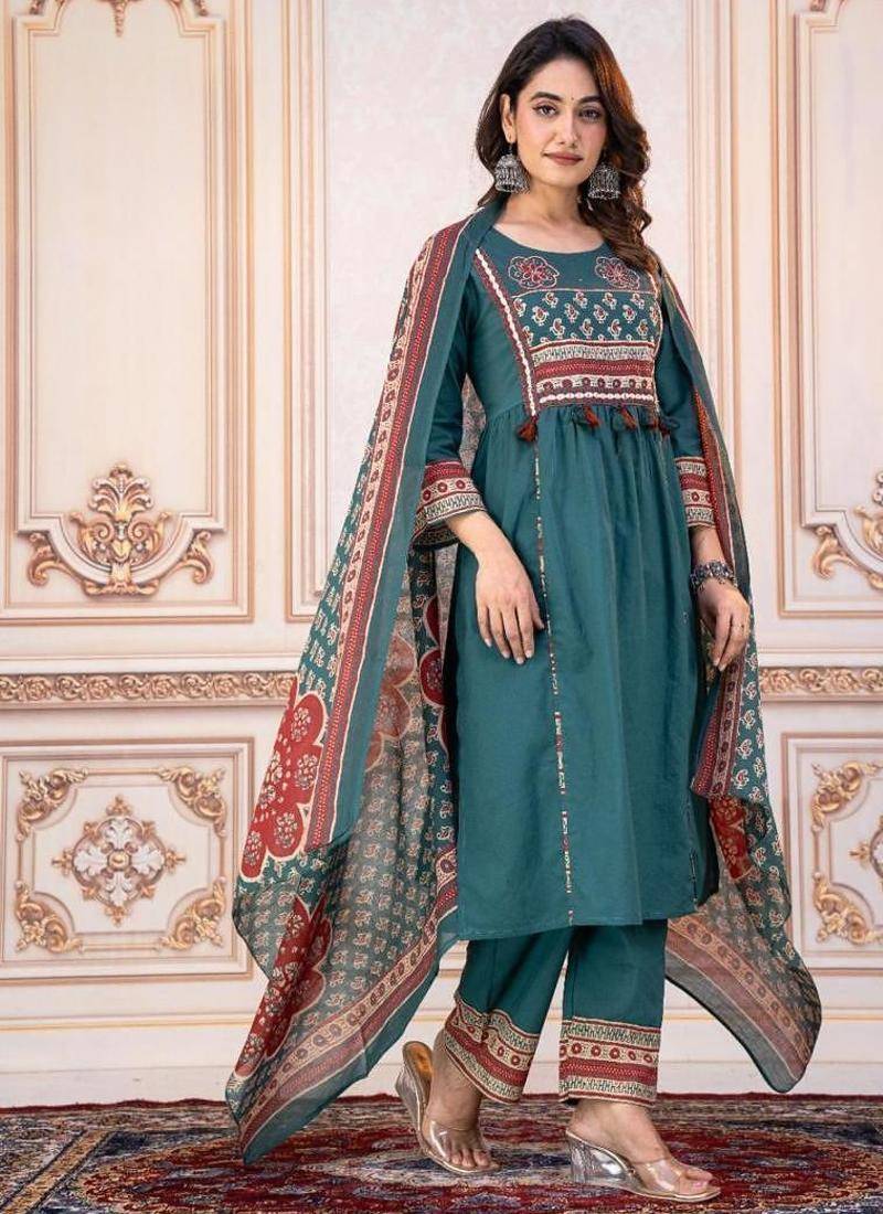 Beautiful jaipuri mustard green cotton printed salwar suit set