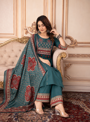 Beautiful jaipuri mustard green cotton printed salwar suit set 2