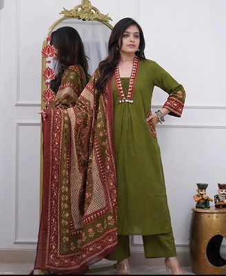 Beautiful premium olive green cotton ethnic suit set. 1