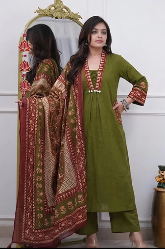 Beautiful premium olive green cotton ethnic suit set.