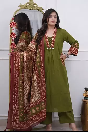 Beautiful premium olive green cotton ethnic suit set.