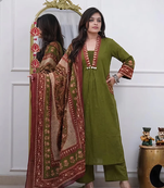 Beautiful premium olive green cotton ethnic suit set.
