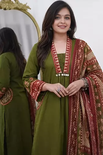 Beautiful premium olive green cotton ethnic suit set.