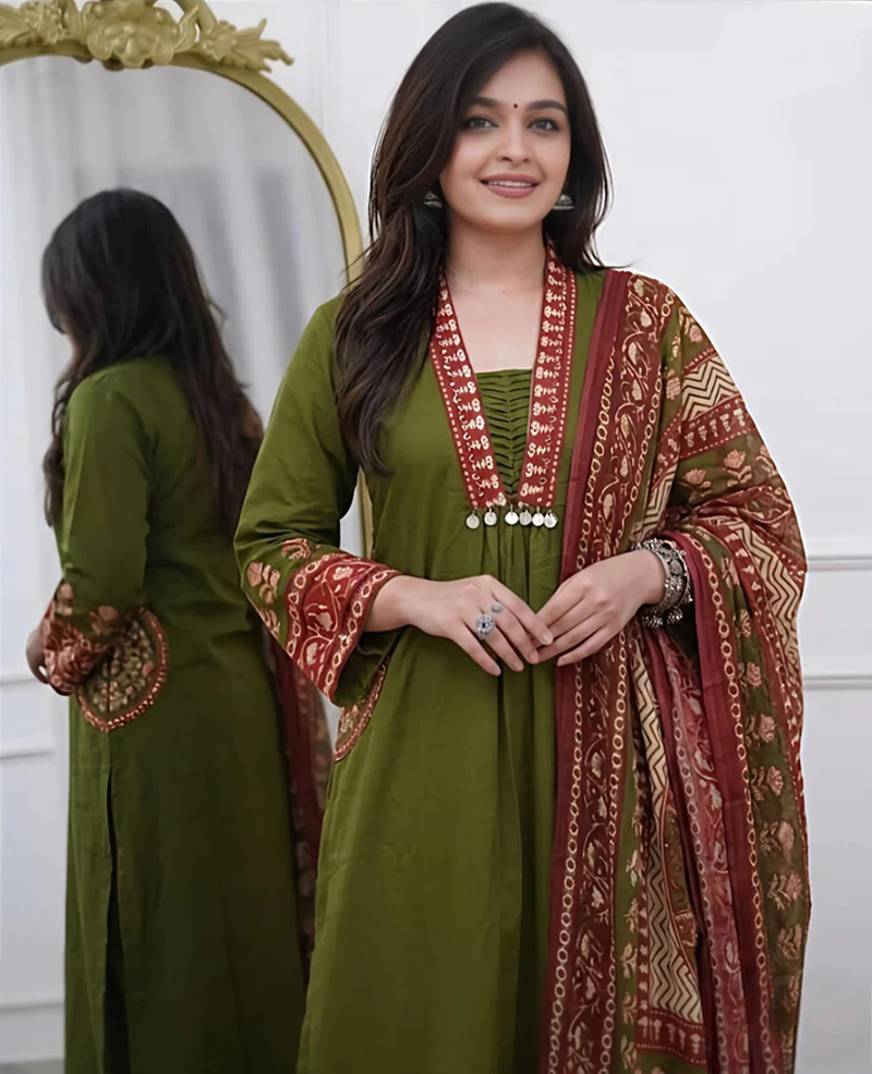 Beautiful premium olive green cotton ethnic suit set.