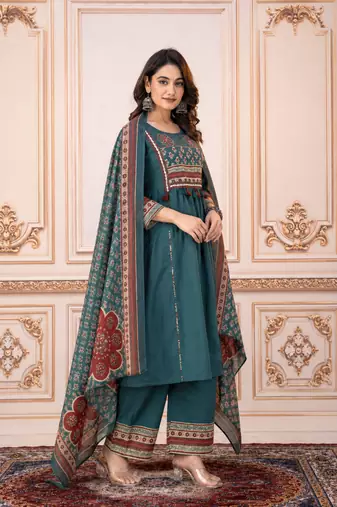 Beautiful jaipuri mustard green cotton printed salwar suit set