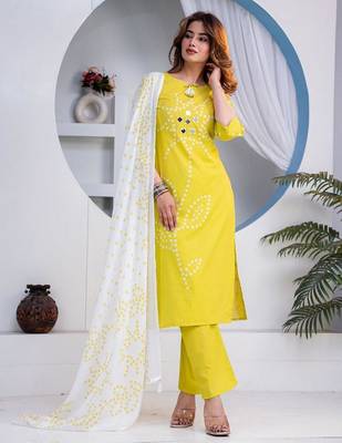 Beautiful jaipuri yellow straight-fit  bandhani design cotton kurta set 1