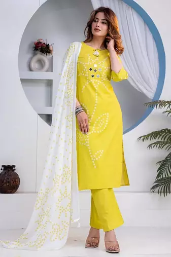 Beautiful jaipuri yellow straight-fit  bandhani design cotton kurta set