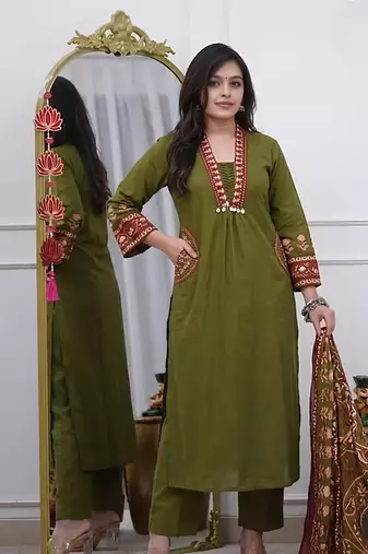 Beautiful premium olive green cotton ethnic suit set.