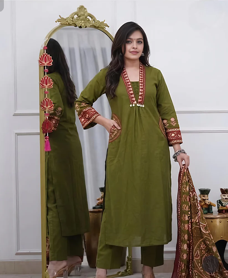 Beautiful premium olive green cotton ethnic suit set.
