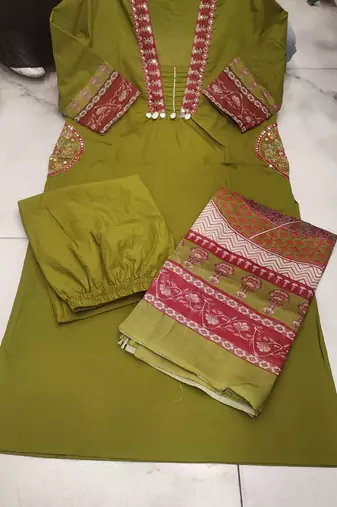 Beautiful premium olive green cotton ethnic suit set.