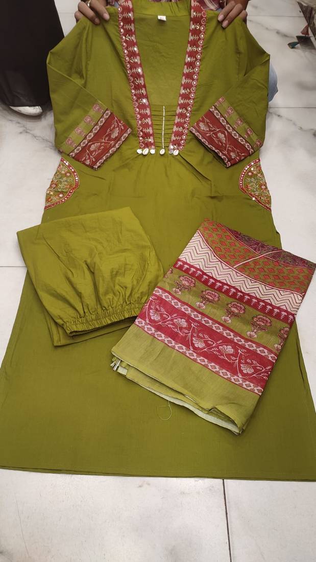 Beautiful premium olive green cotton ethnic suit set.