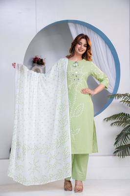 Beautiful jaipuri green straight-fit  bandhani design cotton kurta set 1