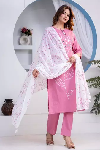 Beautiful jaipuri pink straight-fit  bandhani design cotton kurta set