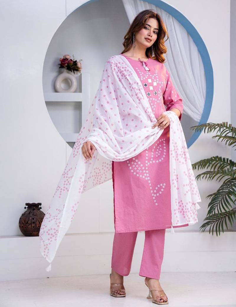 Beautiful jaipuri pink straight-fit  bandhani design cotton kurta set