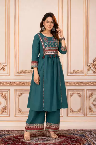 Beautiful jaipuri mustard green cotton printed salwar suit set
