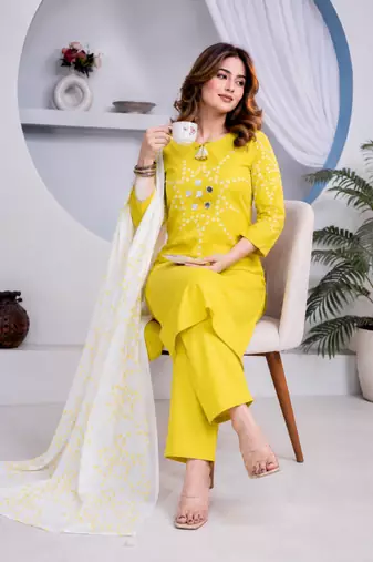 Beautiful jaipuri yellow straight-fit  bandhani design cotton kurta set