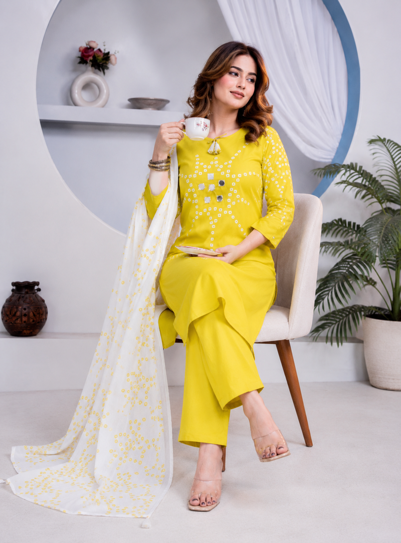 Beautiful jaipuri yellow straight-fit  bandhani design cotton kurta set