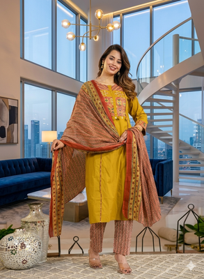 Beautiful mehandi green kurta set with printed pant dupatta 1
