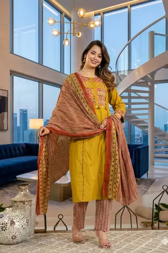 Beautiful mehandi green kurta set with printed pant dupatta