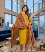 Beautiful mehandi green kurta set with printed pant dupatta