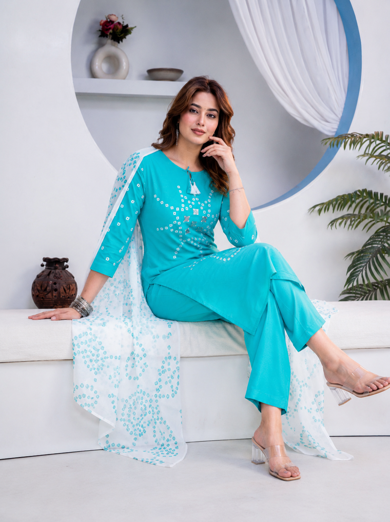 Beautiful jaipuri blue straight-fit  bandhani design cotton kurta set
