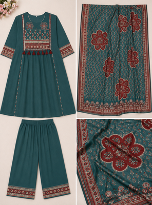Beautiful jaipuri mustard green cotton printed salwar suit set 5