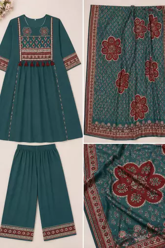 Beautiful jaipuri mustard green cotton printed salwar suit set