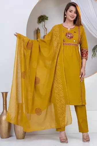 Beautiful three-piece salwar suit set in mustard yellow.