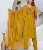Beautiful three-piece salwar suit set in mustard yellow.