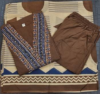 Beautiful jaipuri brown cotton kurti pant set with a geometric print dupatta and intricate embroidery detailing 5
