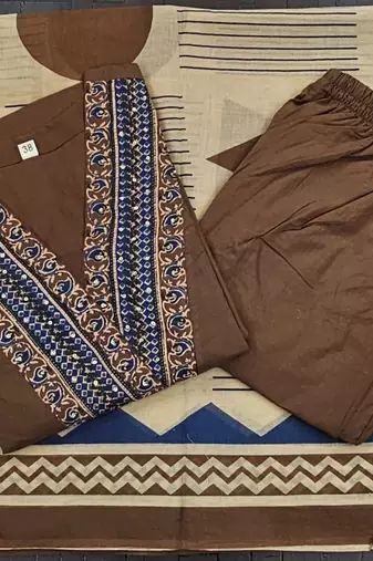 Beautiful jaipuri brown cotton kurti pant set with a geometric print dupatta and intricate embroidery detailing