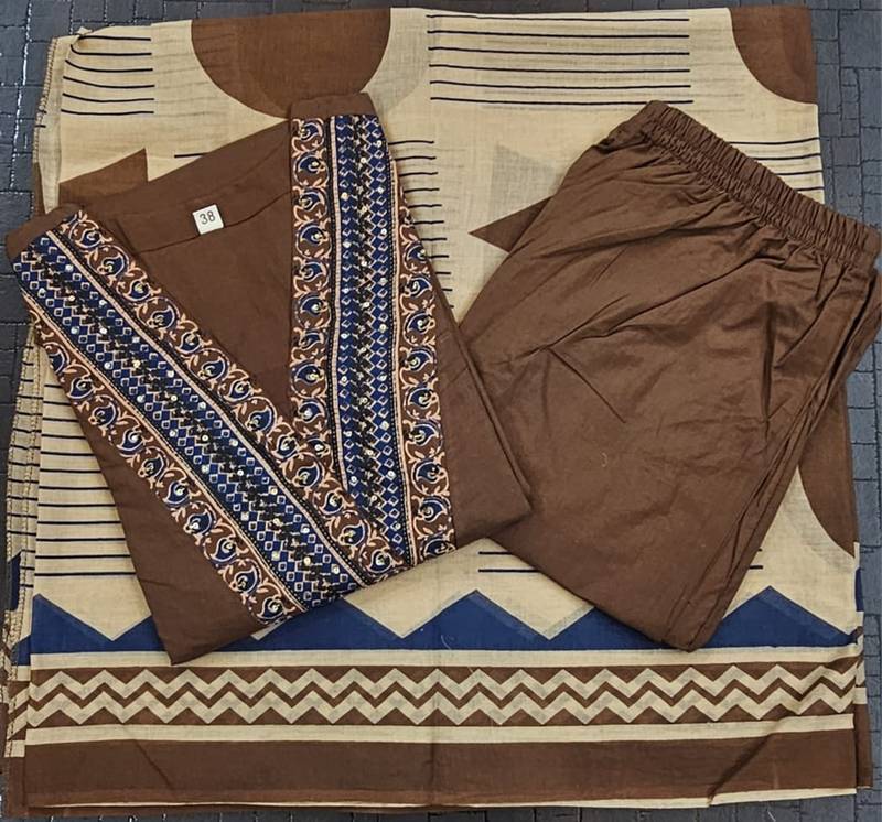 Beautiful jaipuri brown cotton kurti pant set with a geometric print dupatta and intricate embroidery detailing